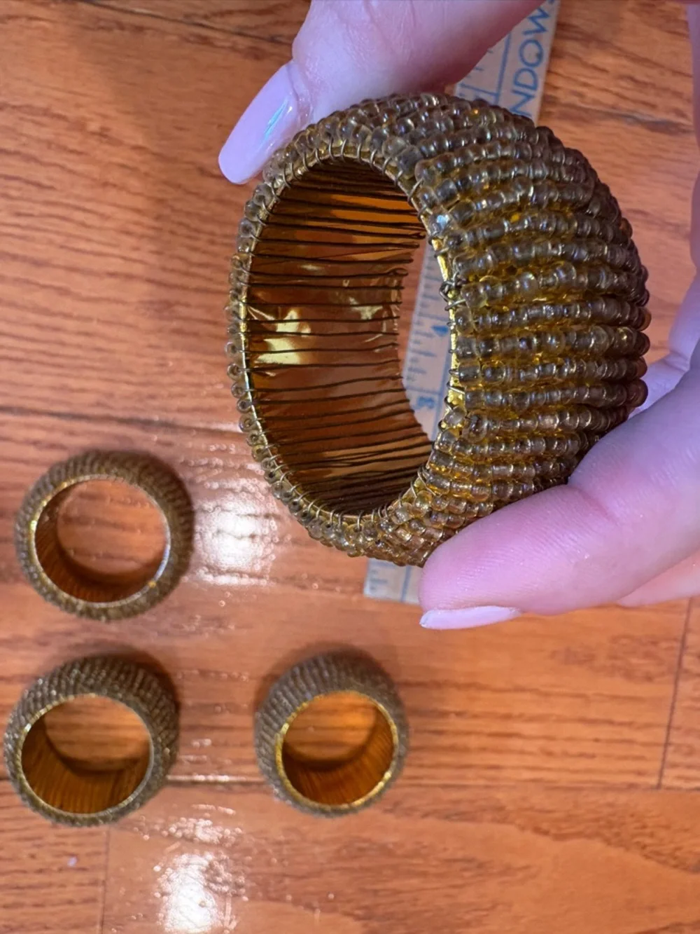 Set of 6 Beaded Gold Napkin Rings | Amber Bead Napkin Holders | Boho Glam Decor